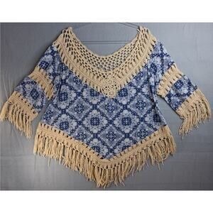 Umgee USA Top Women's X-Large Blue & White Paisley & Floral Print Crochet Fringe